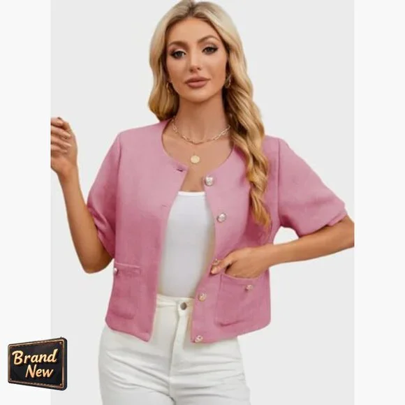 Cropped Tweed Blazer with Puff Sleeves for Office Work Slim Fit - Picture 5 of 7